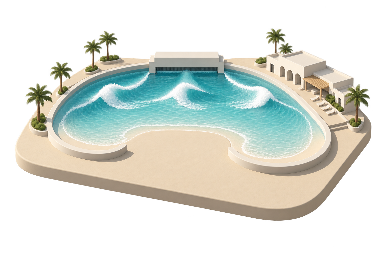 A sculptural surf park with a turquoise wave pool, ivory clubhouse and palm-lined deck
