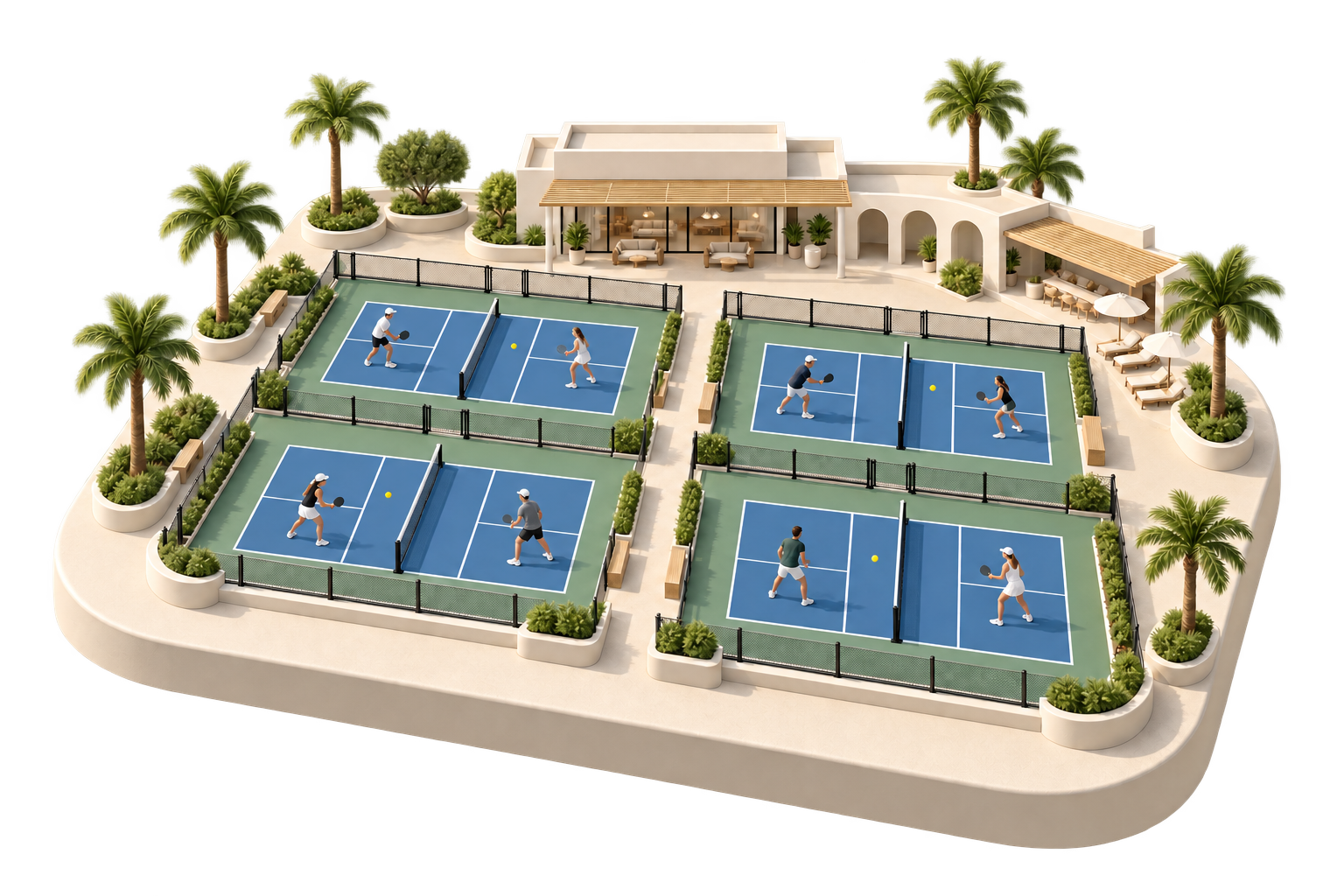 A sculptural pickleball club with four courts, centered nets, players and an ivory clubhouse